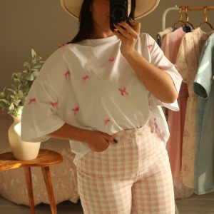 T-shirt Oversize Blanc à Noeuds Roses